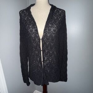 TALBOTS XL BLACK Mercerized Cotton Crochet Scallop Hem Cardigan Sweater EUC